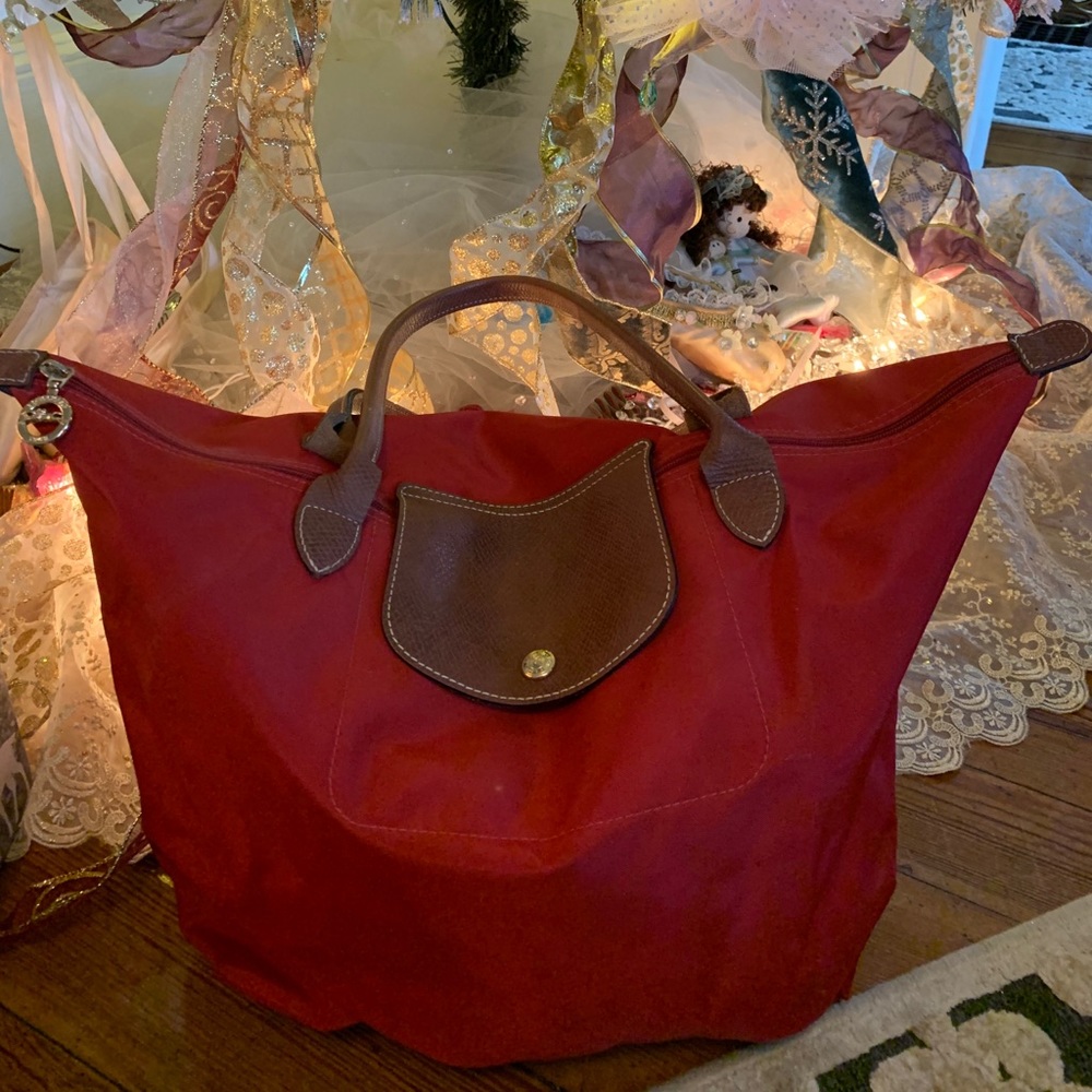 Red Longchamp Le Pliage Original Top Handle Bag